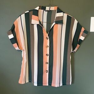 Multicolor Striped Button-Down Short Sleeve Shirt Cuffed Green Peach XL SHEIN